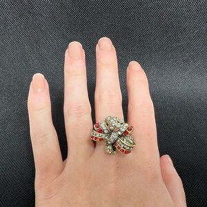 Heidi Daus Brilliant Bow Ring Size 10 Swarovski Crystals Red and Silver